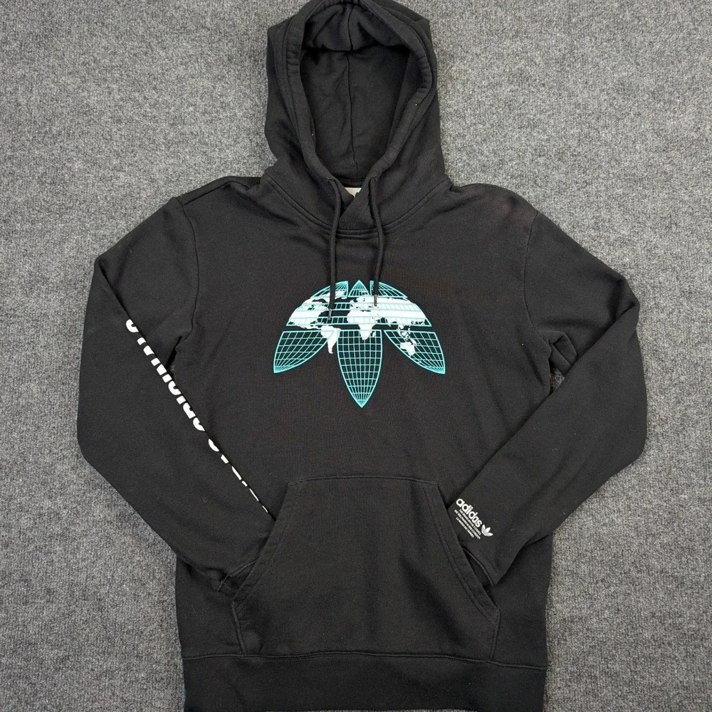 Adidas Originals Mens Small Black Globe Trefoil Graphic Sleeve Logo Hoodie